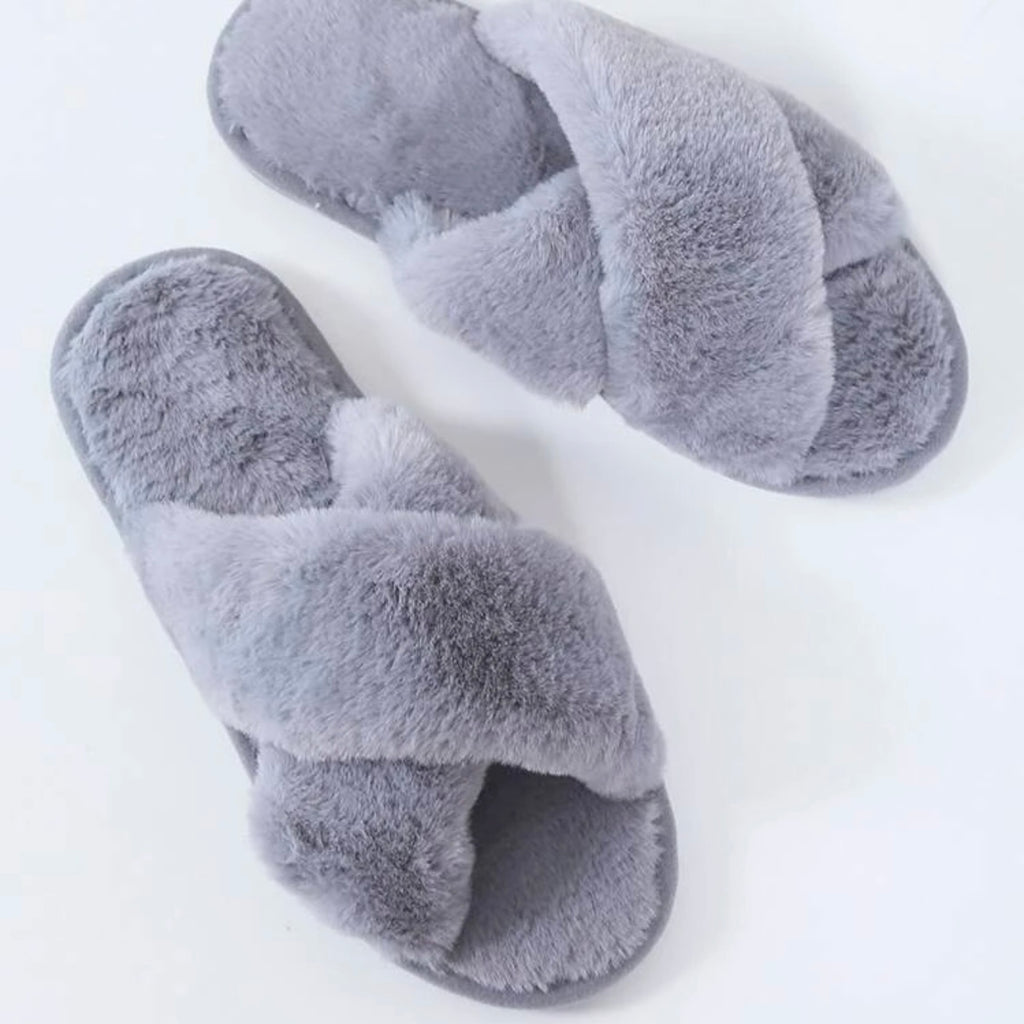Fluffy Cross Strap Slippers - Grey