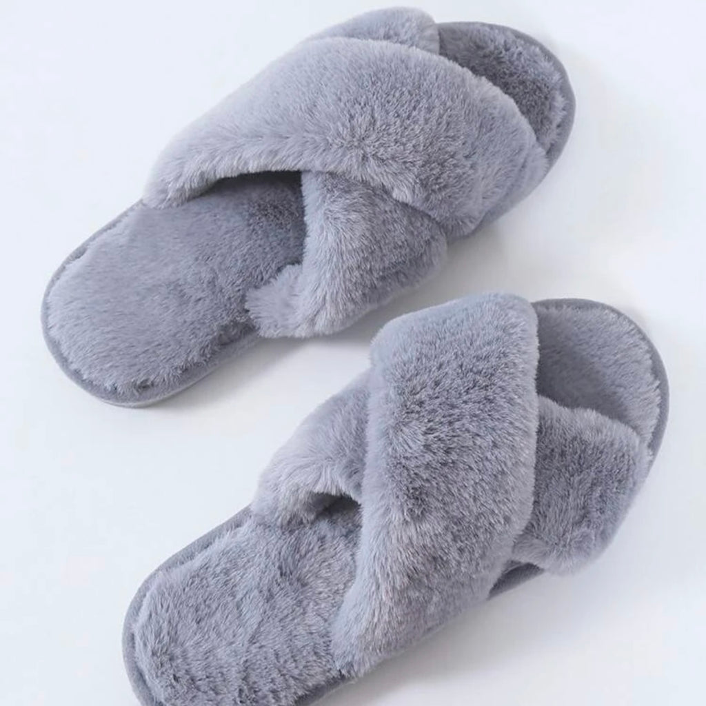 Fluffy Cross Strap Slippers - Grey