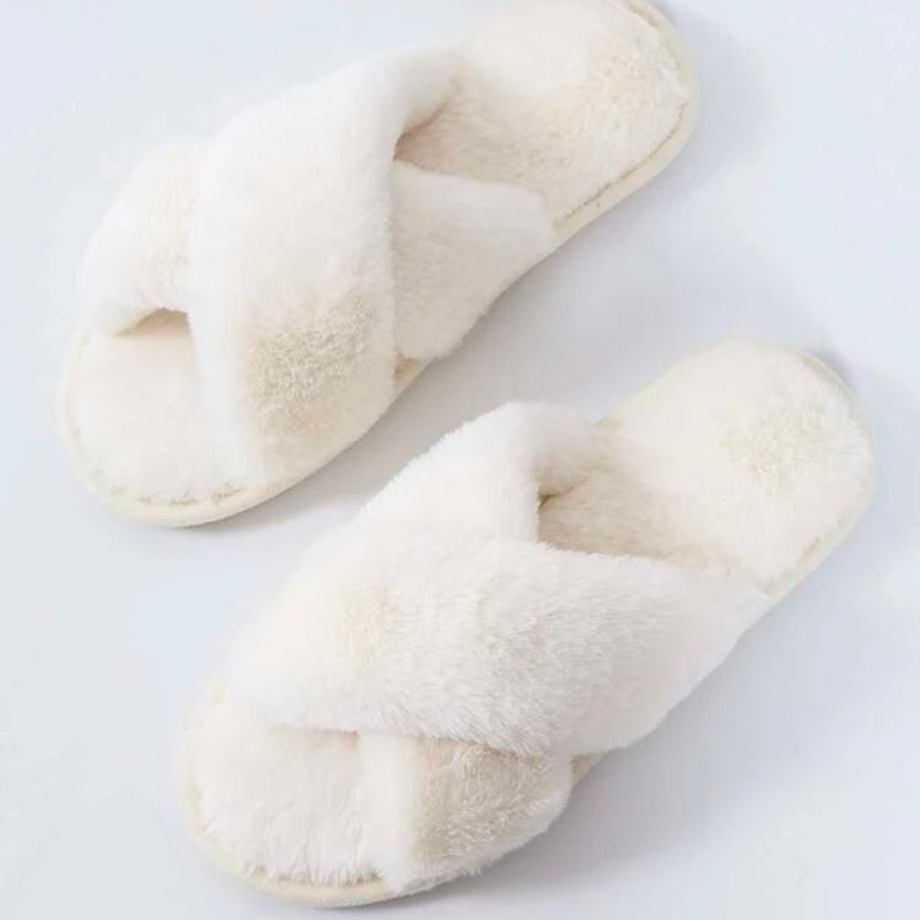 Fluffy Cross Strap Slippers - Cream